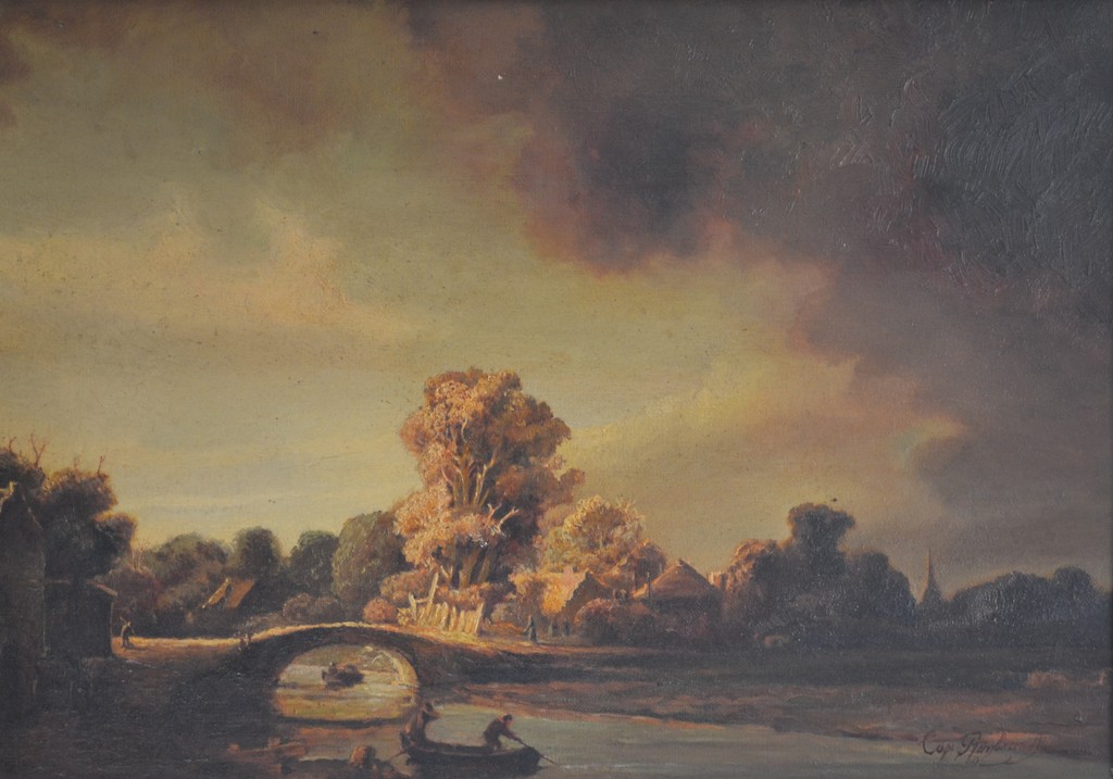 19de / 20ste eeuw: olieverf op doek, copy Rembrandt (Landschap met stenen brug) kopen? Bied vanaf 1!