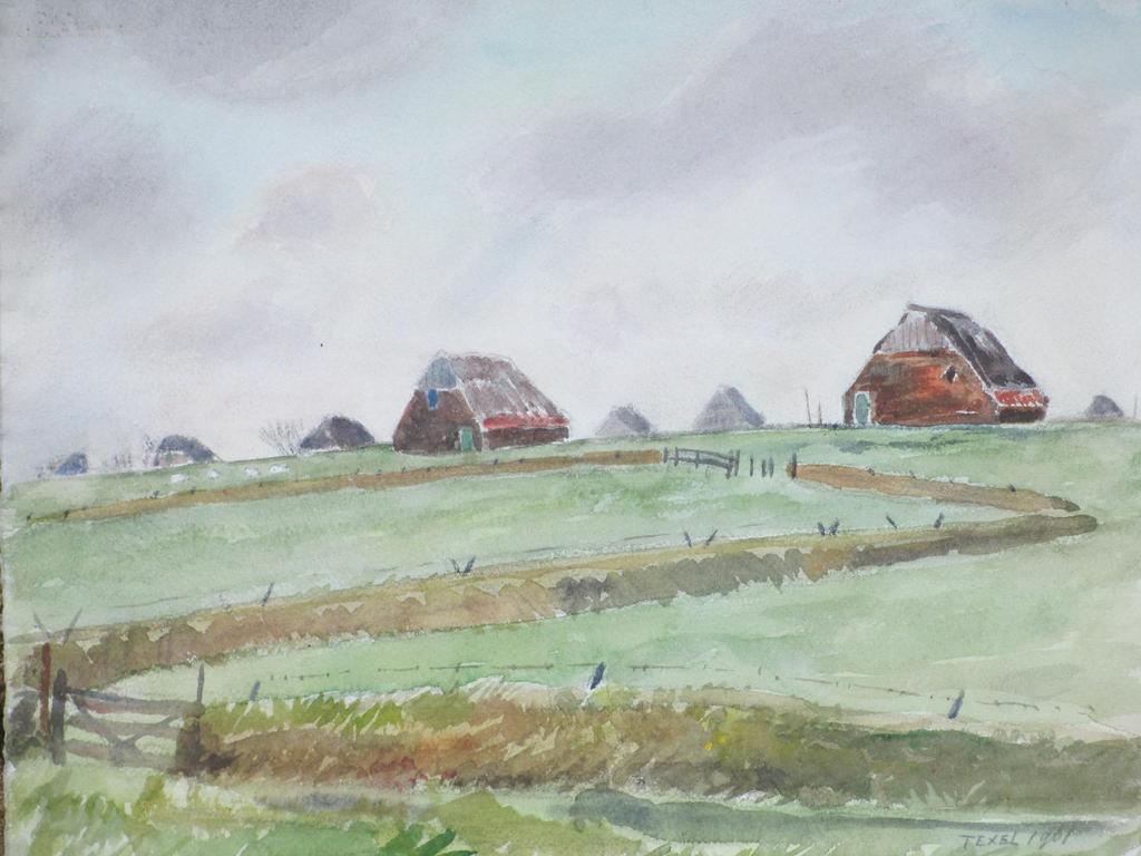 Han Krug, Texels landschap, Aquarel 1961 verkocht voor € 35!