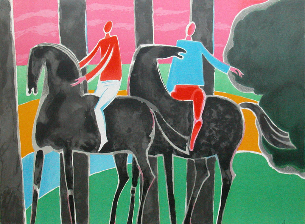 Albert Zavaro, ‘Cavaliers en foret’, kleurenlitho, gesigneerd, ed. 170 kopen? Bied vanaf 75!