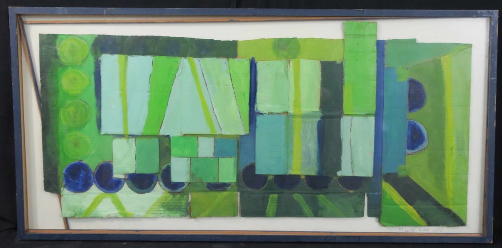 Meertje Kaal: Acryl op Collage van karton, Trein van Lubbers - Ingelijst verkocht voor € 45!