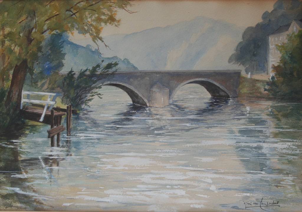 Onbekende kunstenaar - aquarel - oude brug over rivier in de bergen - gesigneerd kopen? Bied vanaf 1!