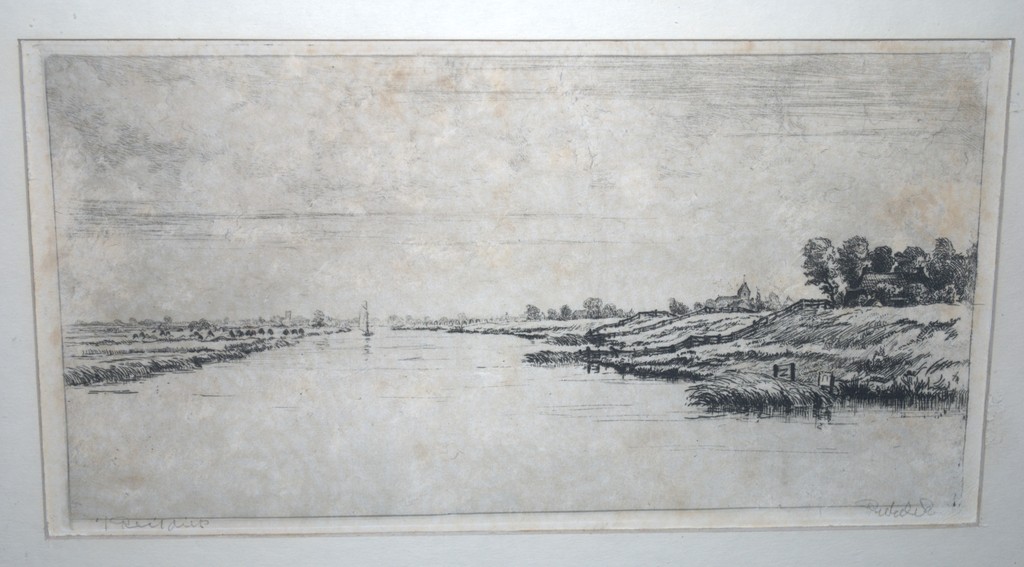 Riekele Prins - handgesigneerde ets van 't Reitdiep, Groningen. verkocht voor € 85!