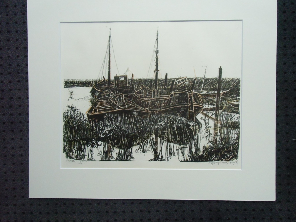 SCHUITEN IN EEN WATERLANDSCHAP // KLEURENLITHO VAN TOON WEGNER kopen? Bied vanaf 60!