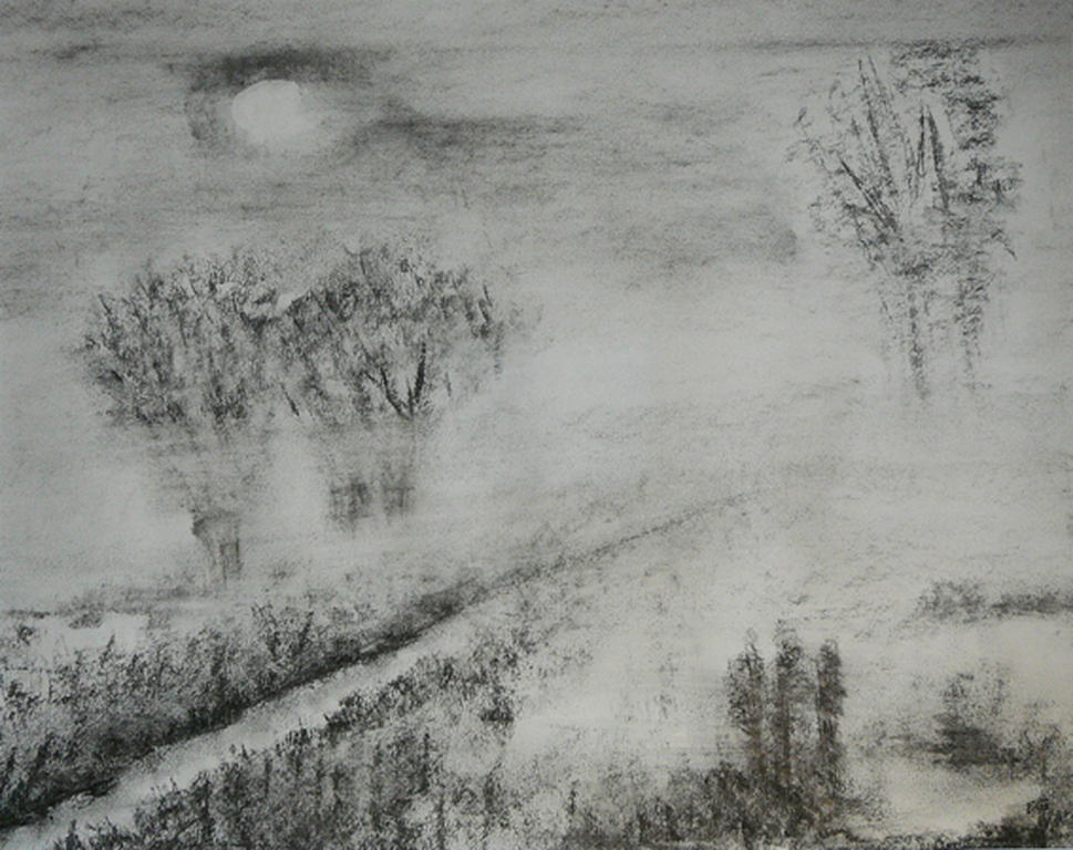 'Nevel over Polderlandschap' -houtskooltekening 1992- verkocht voor € 39!