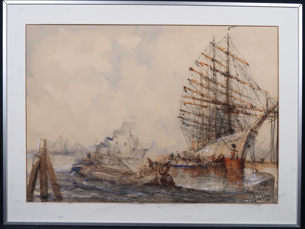 Onbekend gesigneerd: Pasteltekening, Boten in de haven - Ingelijst kopen? Bied vanaf 1!