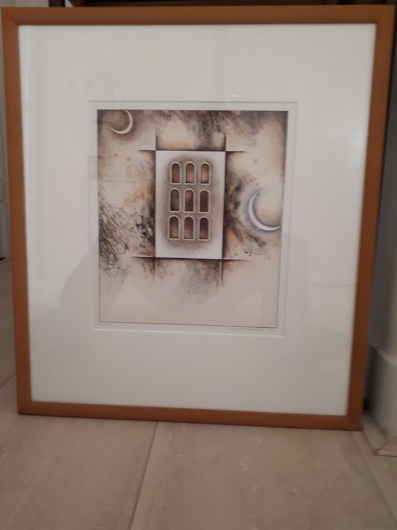 Jurjen Ravenhorst ,kleurenlitho, Huis met twee manen kopen? Bied vanaf 75!