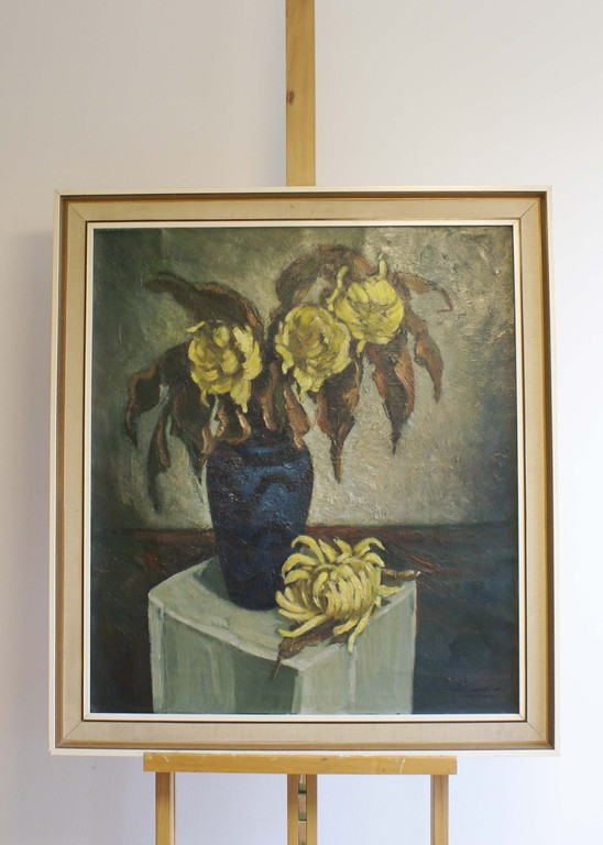 Groot bloemstilleven in houten lijst. Olieverf schilderij op doek. Chrysanten  kopen? Bied vanaf 110!