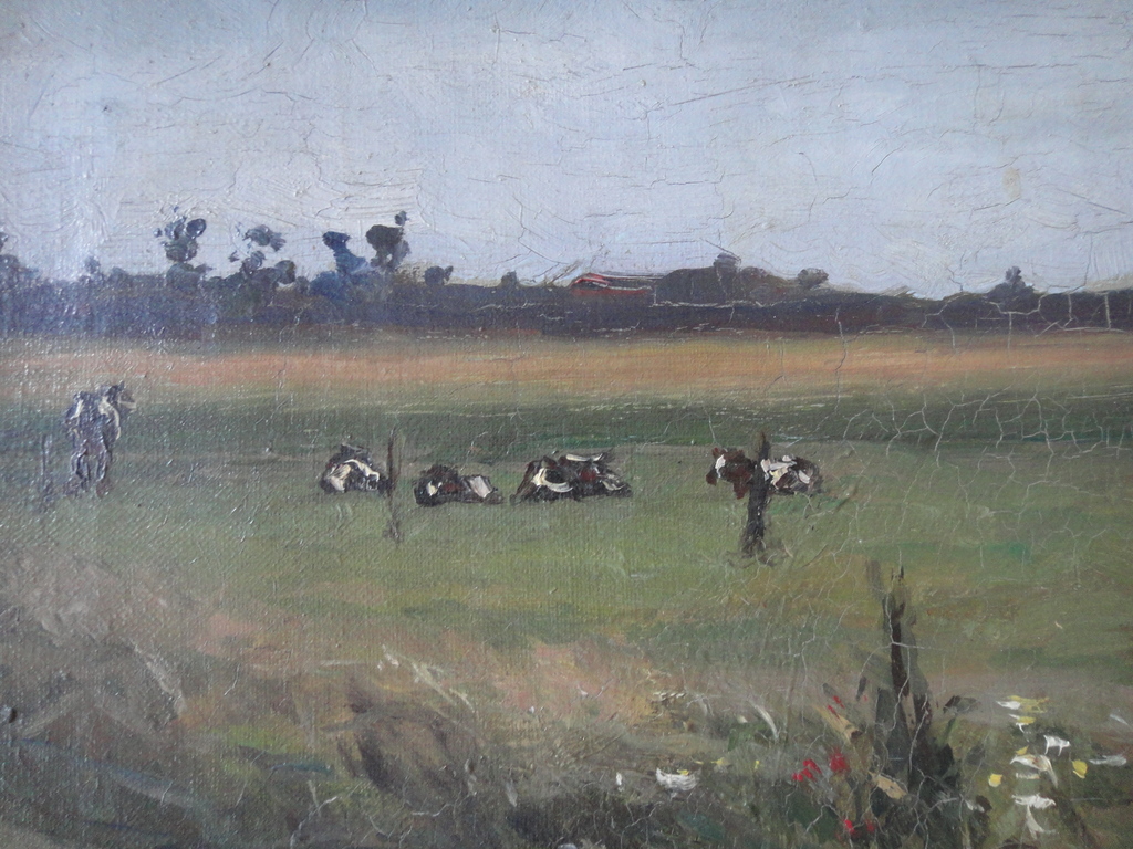 Hollandse school, olieverf op doek, polderlandschap met grazende koeien kopen? Bied vanaf 65!