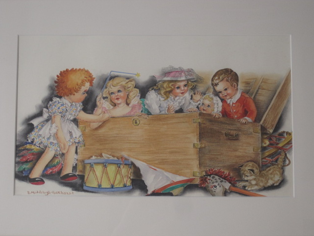 ZELDZAAM ! JO MIDDERIGH-BOKHORST 1880-1972 aquarel "de poppen kist" gesigneerd verkocht voor € 66!