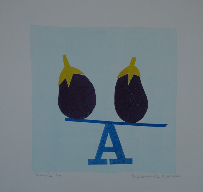 Marja Scholtens/ De Klaproos - gesigneerde houtsnede - "Aubergines" kopen? Bied vanaf 1!