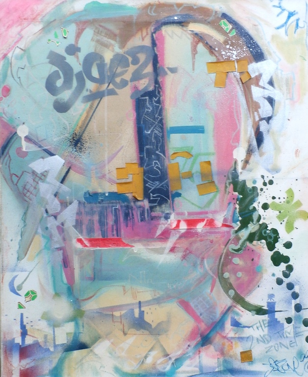 Jasper Krabbe - Collage/gemengde techniek op doek: The 2nd time zone - 1986 verkocht voor € 1100!