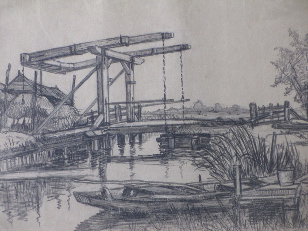 Onbekend (toegeschr.a.H.Roodenburg), Boerderij bij klapbrug, Tekening kopen? Bied vanaf 1!