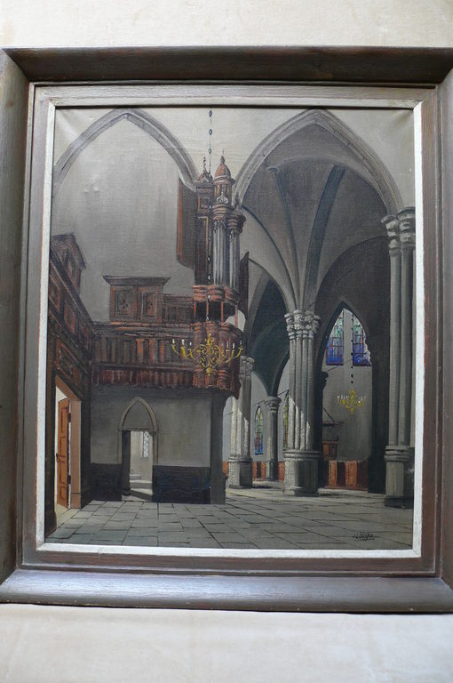 J.L. Dispo, Olieverf, Kerkinterieur verkocht voor € 225!