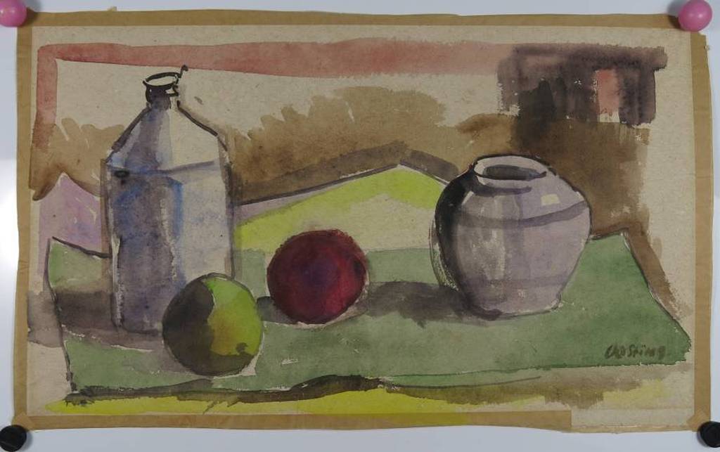 Jeanne Bieruma Oosting: Aquarel, Stilleven met fles, vaas en twee appels kopen? Bied vanaf 200!