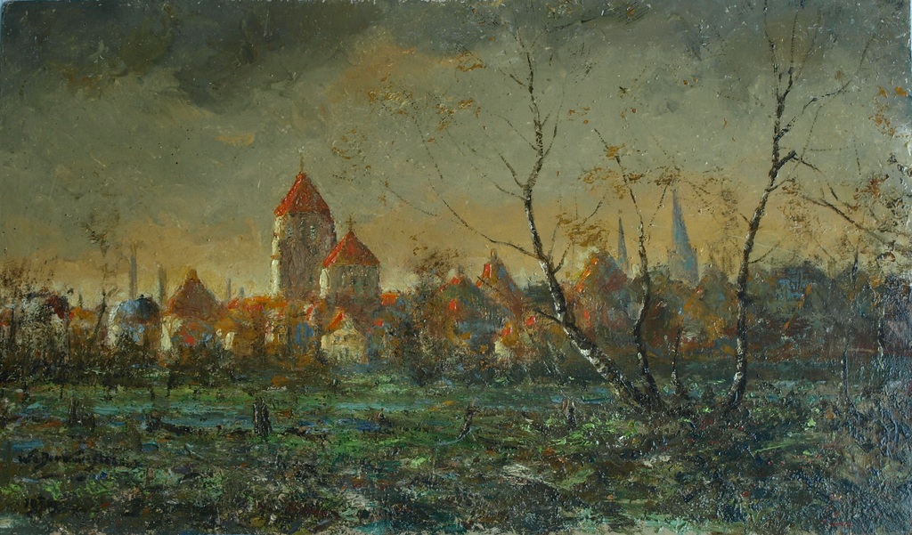 Onduidelijke signatuur : Olieverf op paneel, Skyline – 20 Eeuw - 36 x 60 cm. kopen? Bied vanaf 1!