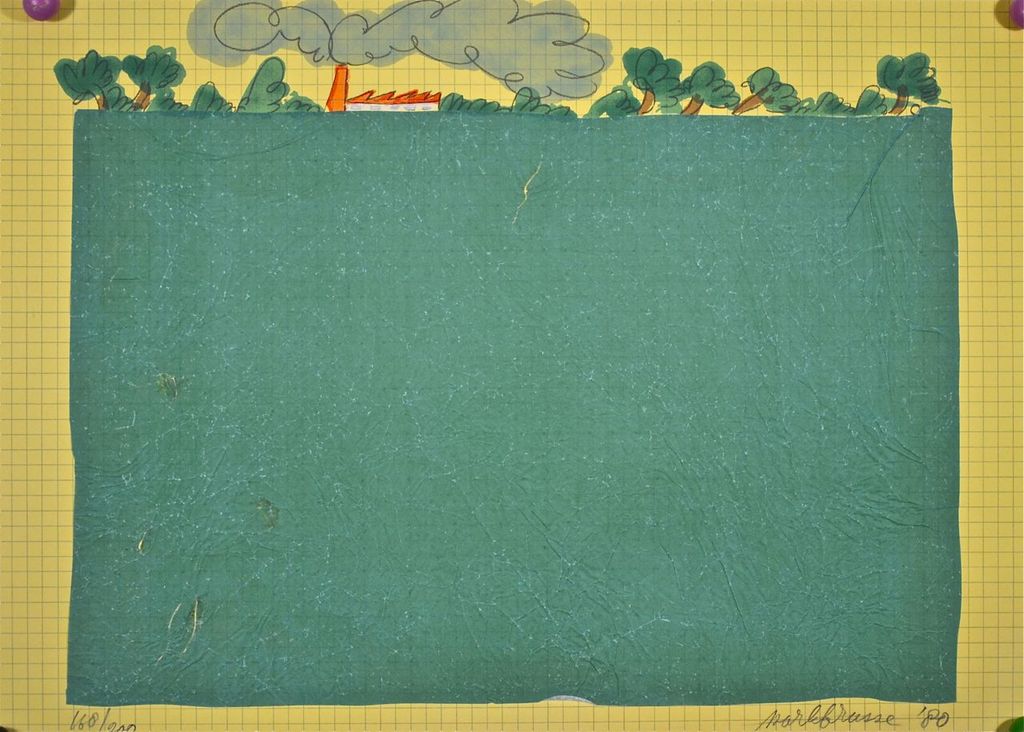 Mark Brusse: Litho/collage. Landschap kopen? Bied vanaf 50!