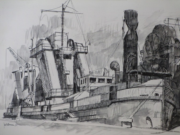 Jan Battermann, Schip in bevoorradingshaven, Inkttekening '52 kopen? Bied vanaf 1!