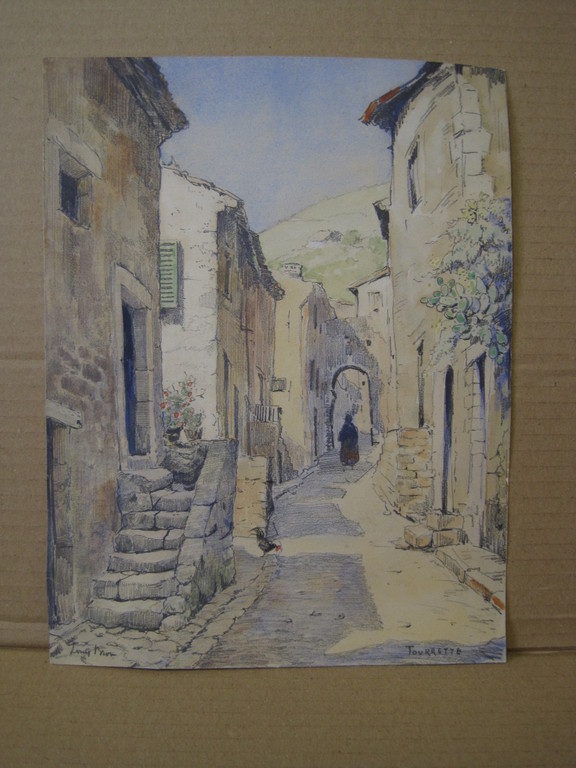 Louis Bron 1884-1959 Pastel /  straatje in Tourette Frankrijk gesigneerd  verkocht voor € 40!