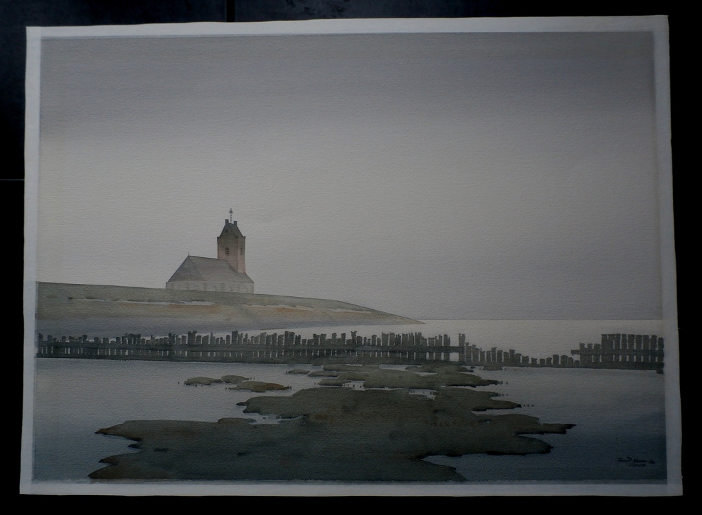 Laatste keer: Gerrit Neven - Aquarel - Waddenzee met de kerk van Wierum - 1982 kopen? Bied vanaf 500!