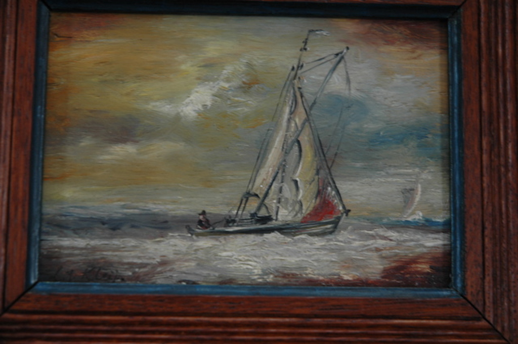 Twee kleine maritieme schilderijtjes (zeezichten met schip) kopen? Bied vanaf 75!
