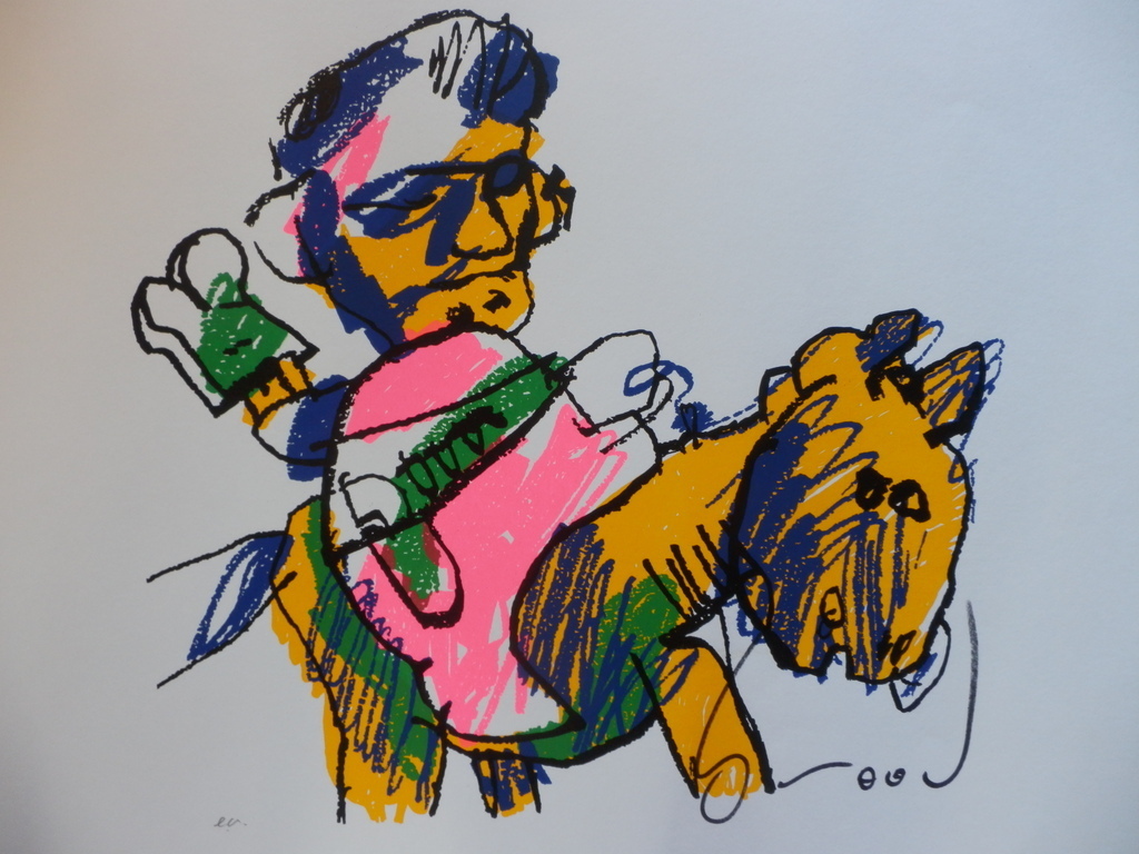 HERMAN BROOD GROTE(70x70cm)  HANDGESIGNEERDE ZEEFDRUK  MAN EN PAARD verkocht voor € 100!