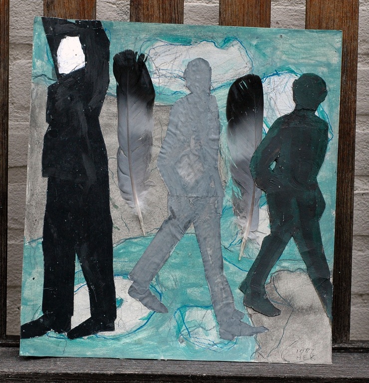 Hans Ebeling Koning, collage met veren, Andermans veren kopen? Bied vanaf 50!