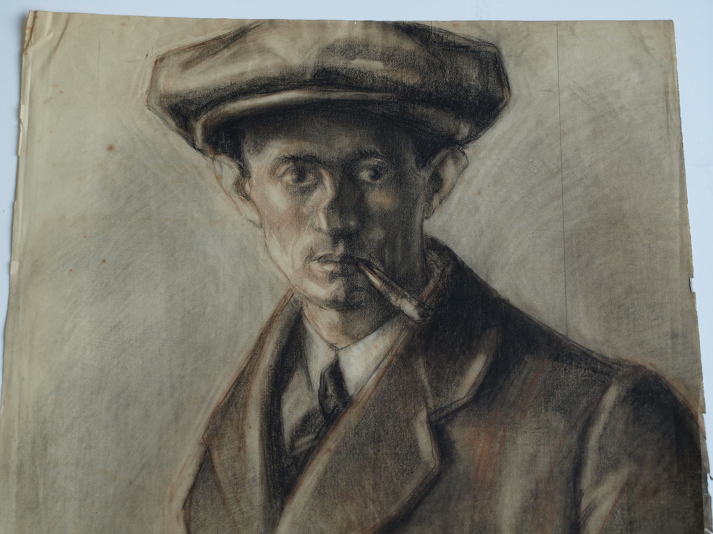 Onbekend : Tekening , Portret man met pet en sigaret – ca 1920  kopen? Bied vanaf 1!