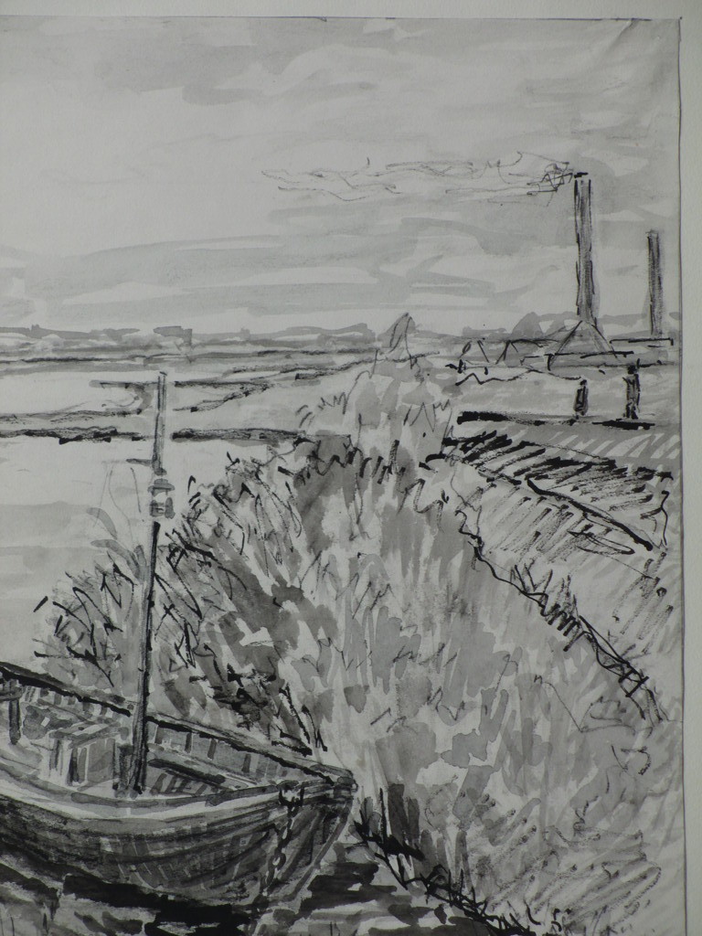 Willem Jans Dijk, De Nederrijn bij Renkum, Inkt/Aquarel kopen? Bied vanaf 1!