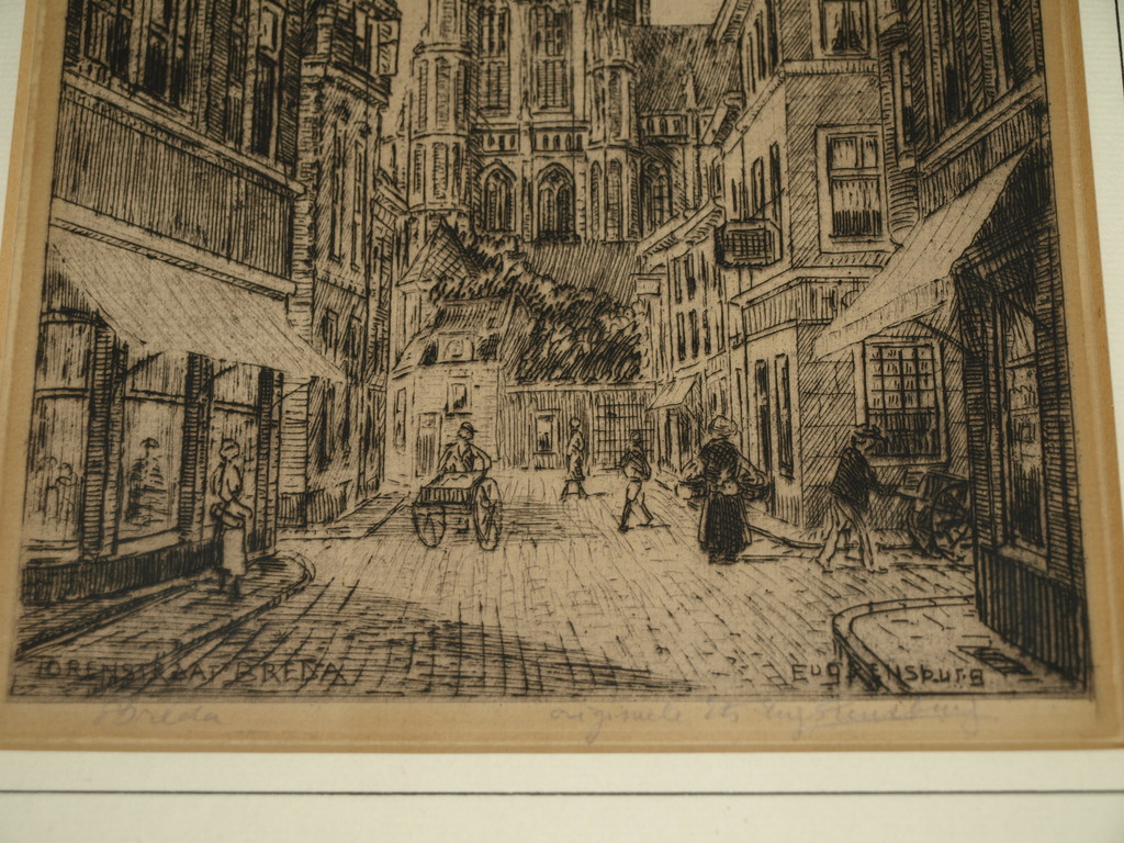Eugène Rensburg (1872–1956) – Ets – Breda – Gesigneerd en ingelijst – ca 1930 kopen? Bied vanaf 35!
