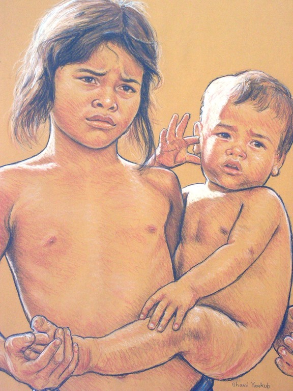 DAKA aanb;  Ghani Yaakub - Kind met een baby - pasteltekening kopen? Bied vanaf 23!