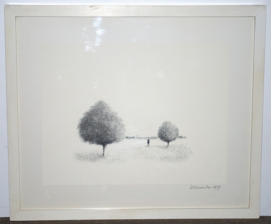 Man tussen twee bomen als een tijdloos landschap...litho 1977 kopen? Bied vanaf 50!