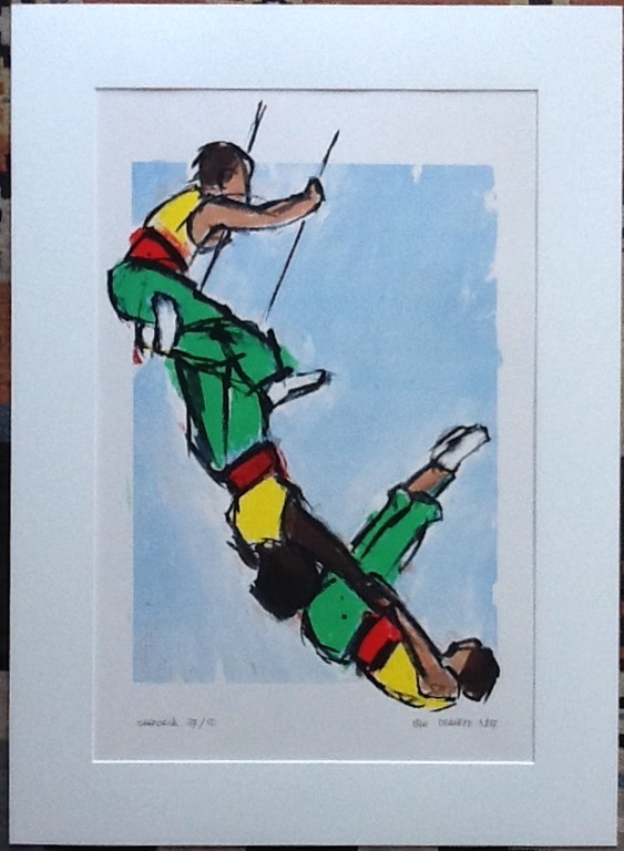 Ellen Meuwese - Ellen Meuwese, trapeze artiesten, grote zeefdruk, gesigneerd, met passe-partout kopen? Bied vanaf 30!