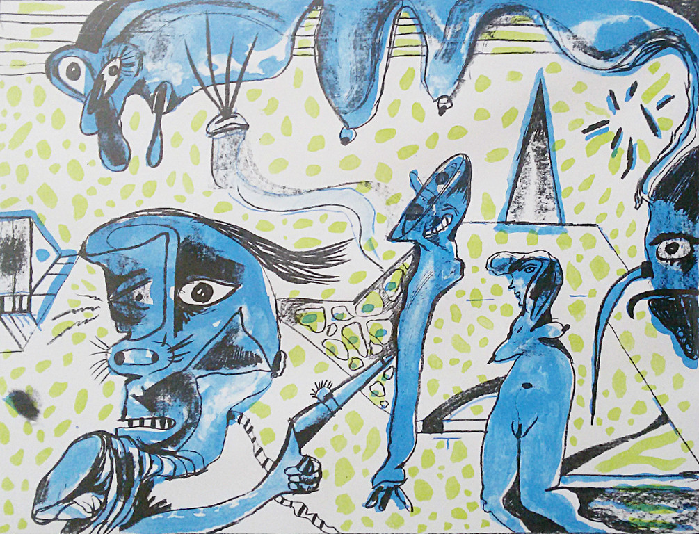 Lucebert - Blauwe figuren, litho (ingelijst) verkocht voor € 225!