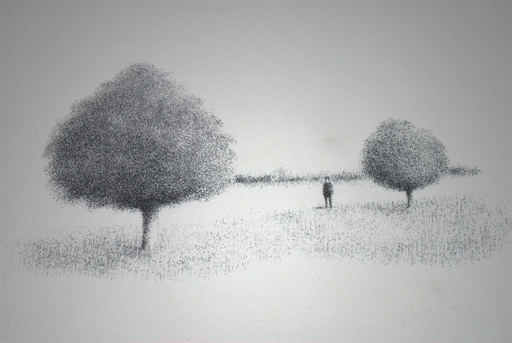 Man tussen twee bomen als een tijdloos landschap...litho 1977 verkocht voor € 50!