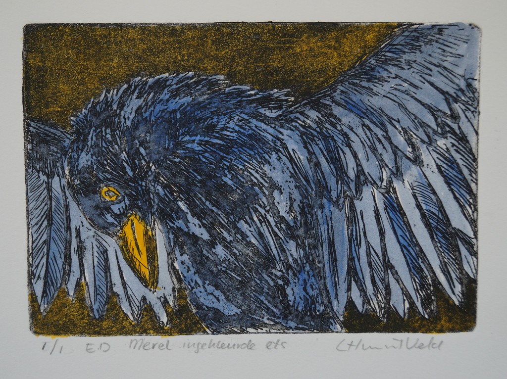 Loes Huis in 't Veld - gesigneerde ingekleurde ets - Merel kopen? Bied vanaf 1!