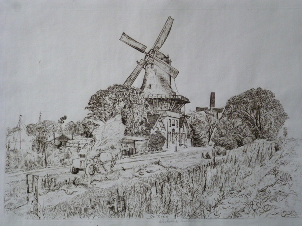 Andreas Schotel - ets - Molen De Ster, Rotterdam verkocht voor € 45!