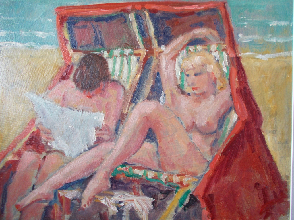 Piet Mulder.Strandgezicht,naakt,olieverf op karton.37x44 cm verkocht voor € 265!