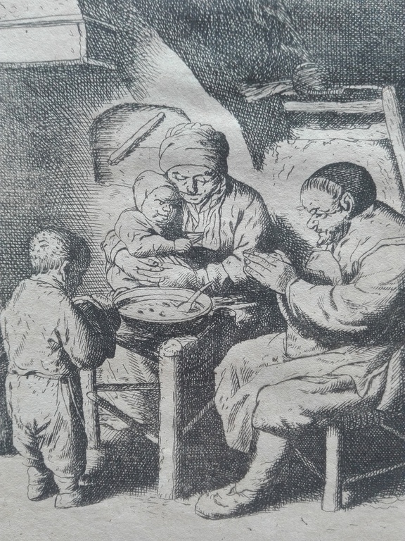 Anoniem naar van Ostade, ets datering 1653-1745, gebed voor de maaltijd kopen? Bied vanaf 100!