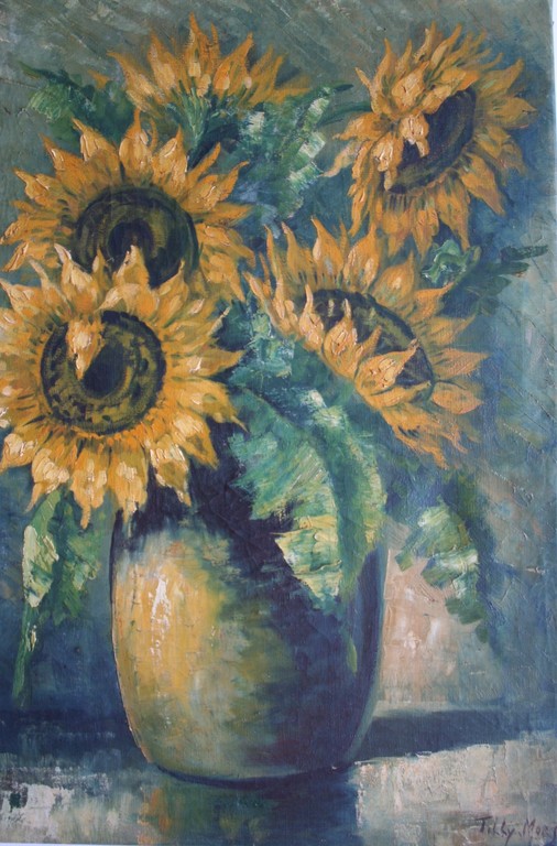 Tilly Moes, olieverf op doek, zonnebloemen verkocht voor € 70!