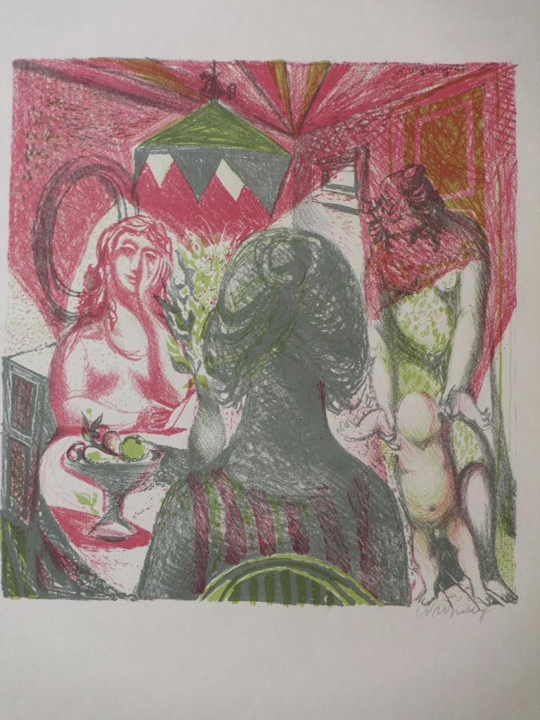 Nicolaas Wijnberg, Interieur met vrouwen en kind, Kleurenlitho kopen? Bied vanaf 35!