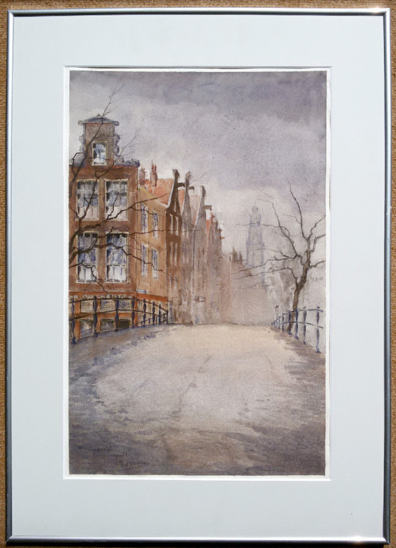 Prinsengracht met Westertoren, gemengde techniek op papier (ingelijst) kopen? Bied vanaf 1!