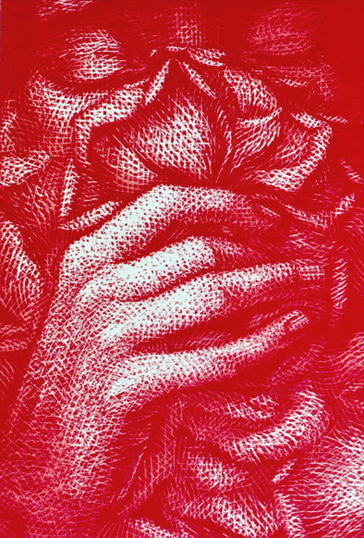 Jacomijn den Engelsen : roos met gezicht en hand : houtgravure verkocht voor € 80!