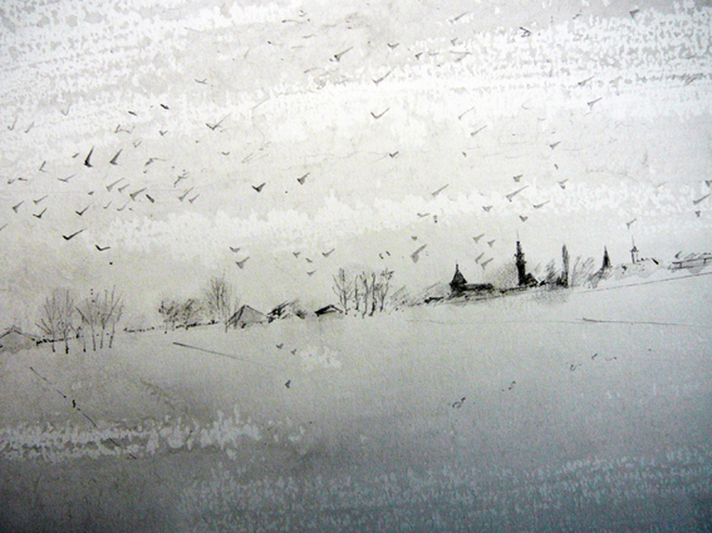 'Foggy morning' -Katwoude januari 1984, tekening/aquarel-  kopen? Bied vanaf 60!