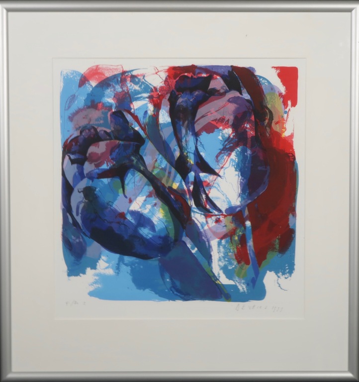 Paul de Vries: Zeefdruk, Bloemen (blauw) - Ingelijst verkocht voor € 35!