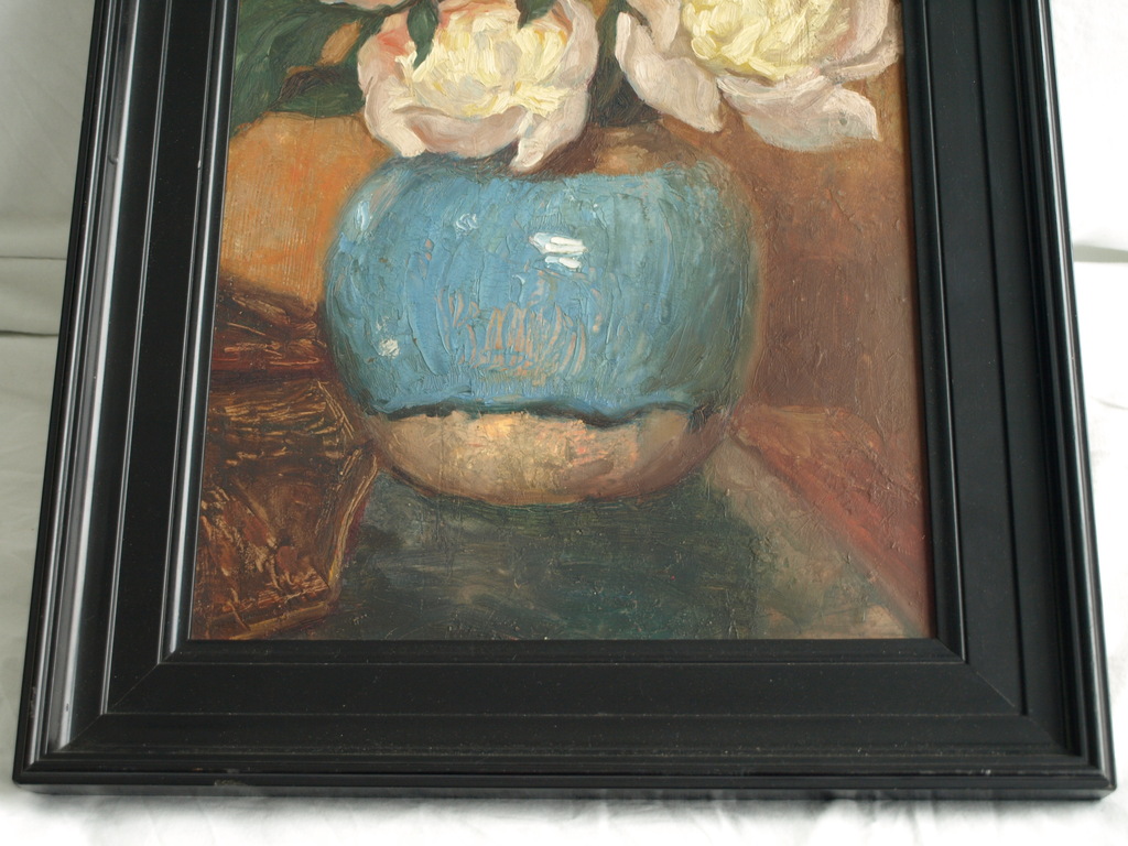 Onduidelijke signatuur : Olieverf op paneel – Pioenrozen – ingelijst  kopen? Bied vanaf 1!