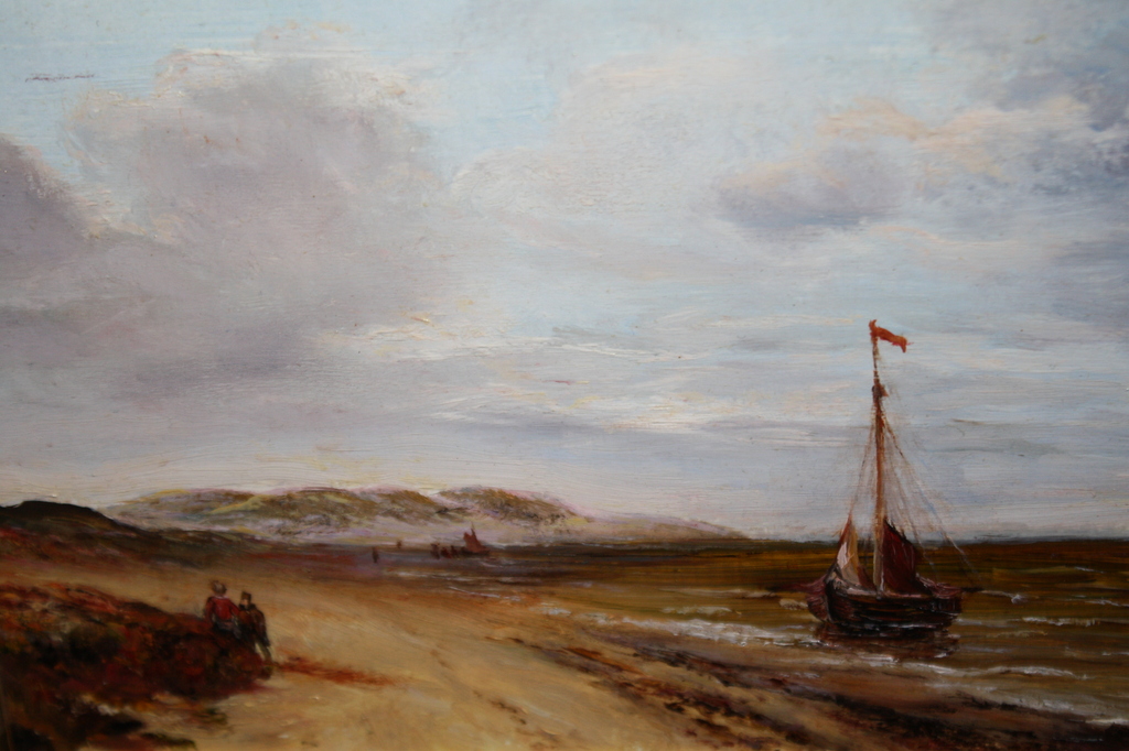 Personen langs kust en Bomschuit op strand kopen? Bied vanaf 1!