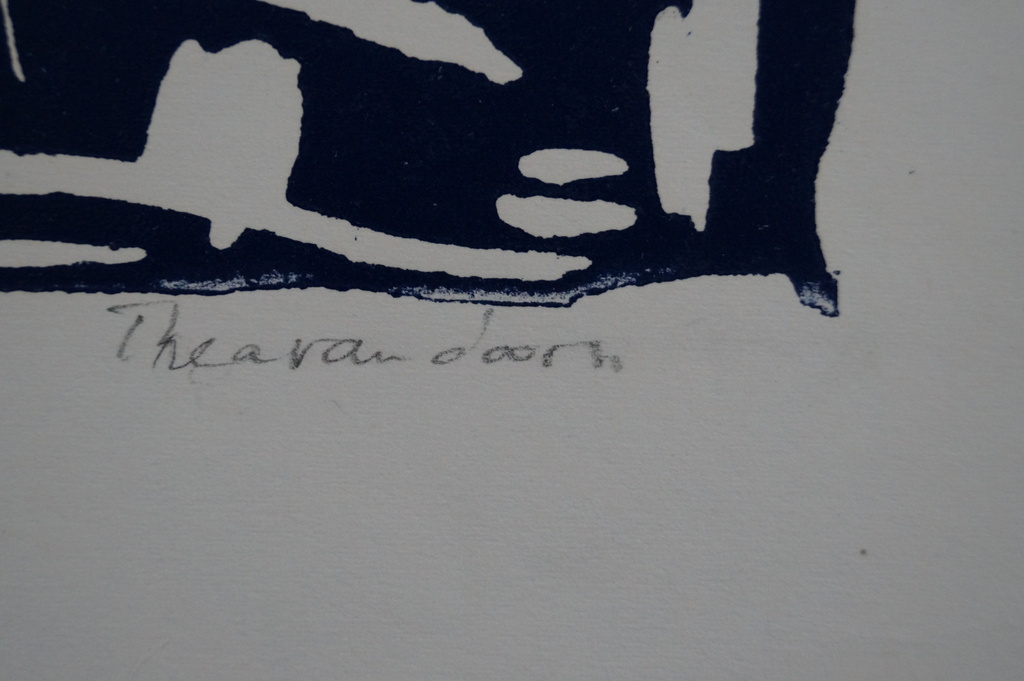 Thea van Doorn - gesigneerde linosnede - lezende vrouw  kopen? Bied vanaf 15!