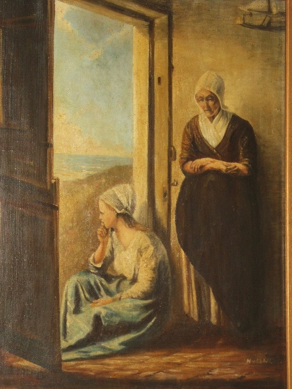 Olieverf op Linnen  Moeder en dochter starend naar Zee  Gesigneerd kopen? Bied vanaf 95!