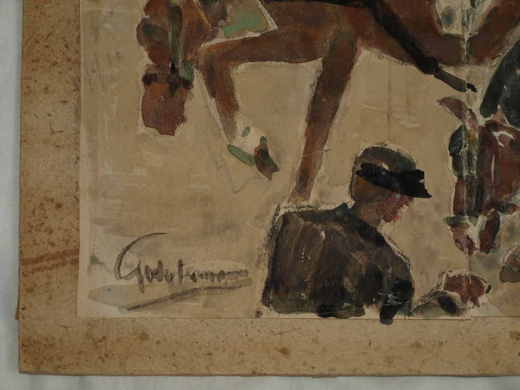 Onduidelijke signatuur: 2x Aquarel / tekening – “Paarden” en “Meisjes” - Oud kopen? Bied vanaf 1!