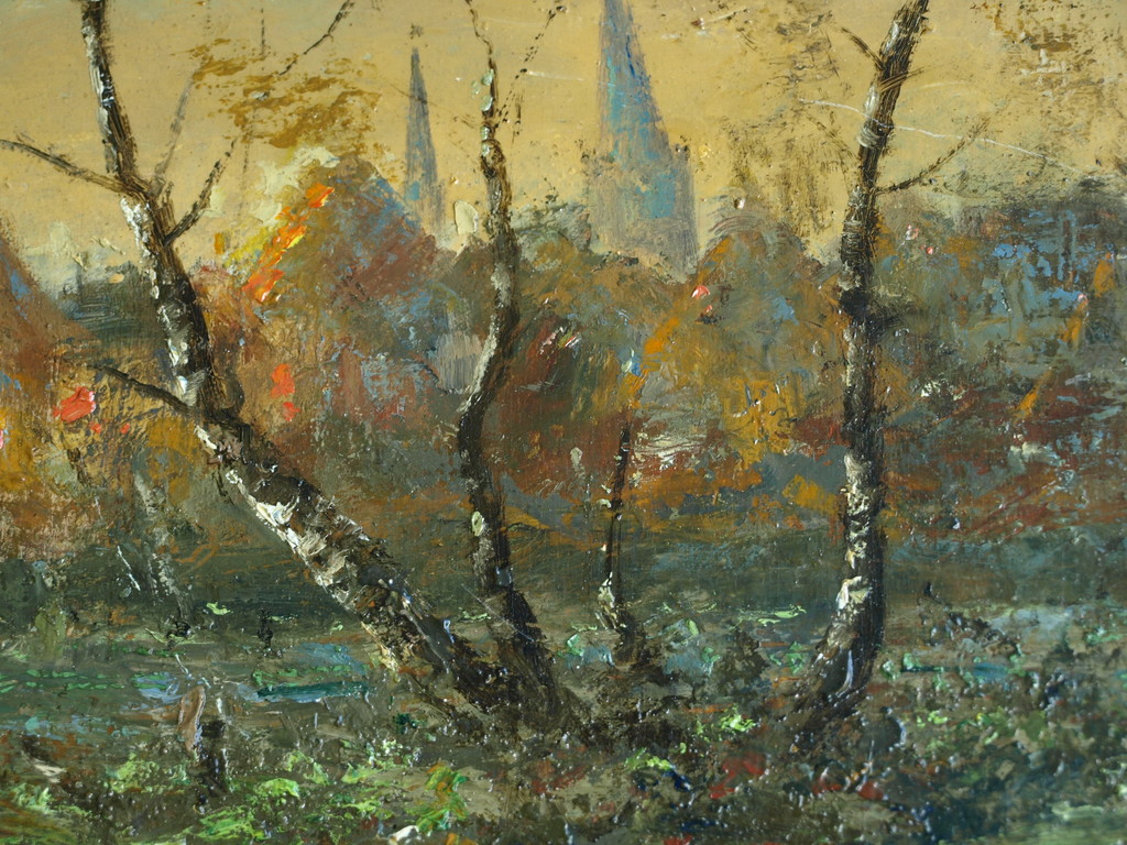 Onduidelijke signatuur : Olieverf op paneel, Skyline – 20 Eeuw - 36 x 60 cm. kopen? Bied vanaf 1!